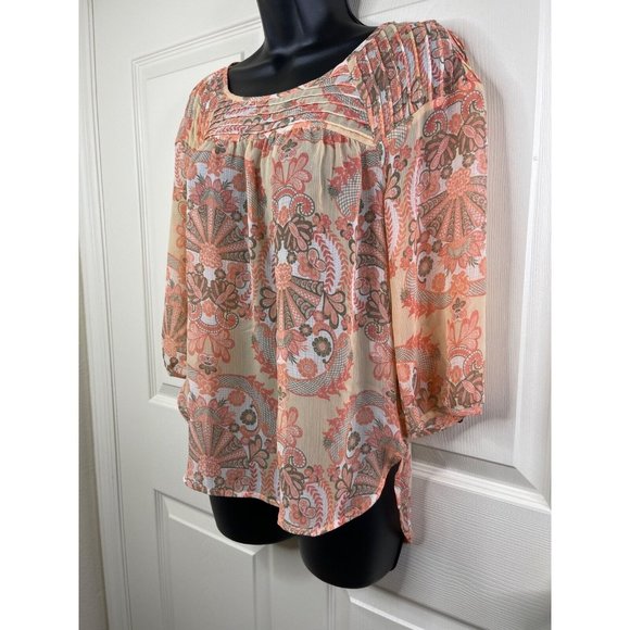 Lauren Conrad Blouse Womens Size Extra Small XS 3/4 Sleeve Peach Sheer Hi Lo Top - Picture 5 of 9